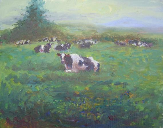 New Moon, Cows In the Field, 8 X 10 (Oil) - Sold