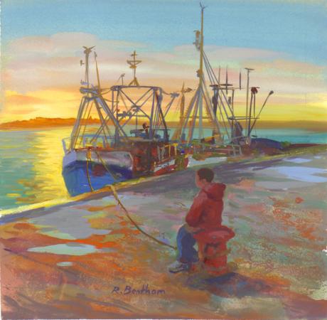 Sunset, Fishing Boats, 6 X 6 (Gouache)
