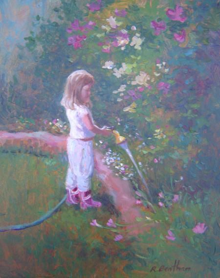 Watering the Flowers, 10 X 8 (Oil) - Sold