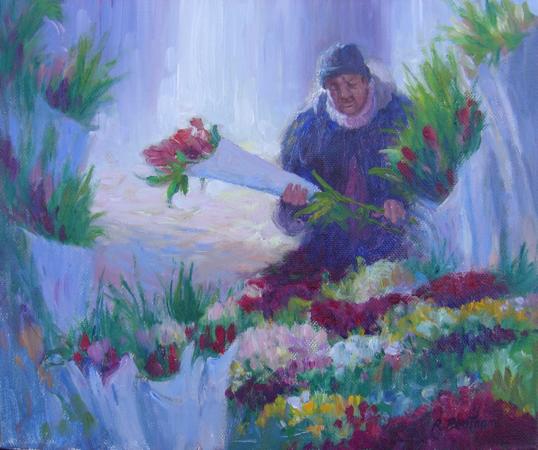 Flower Seller, A Cold Day, 10 X 12 (Oil)