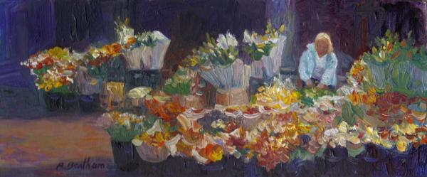 Arranging the Flowers, 5 X 12 (Oil) - Sold