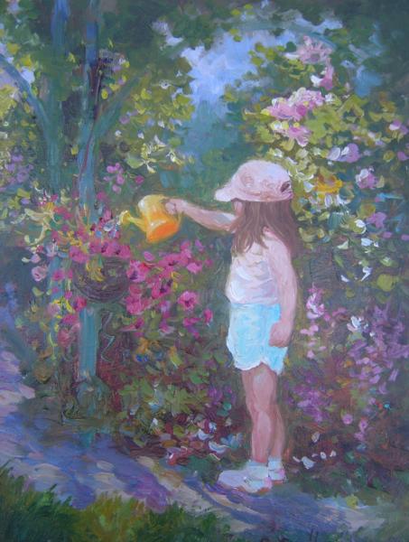 Watering the Garden, 10 X 8 (Oil) - Sold