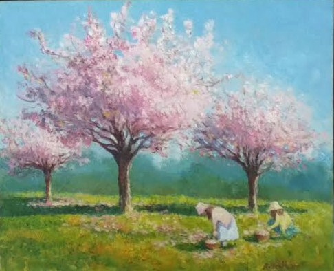 Gathering Cherry Blossoms, 8 X 10 (Oil)